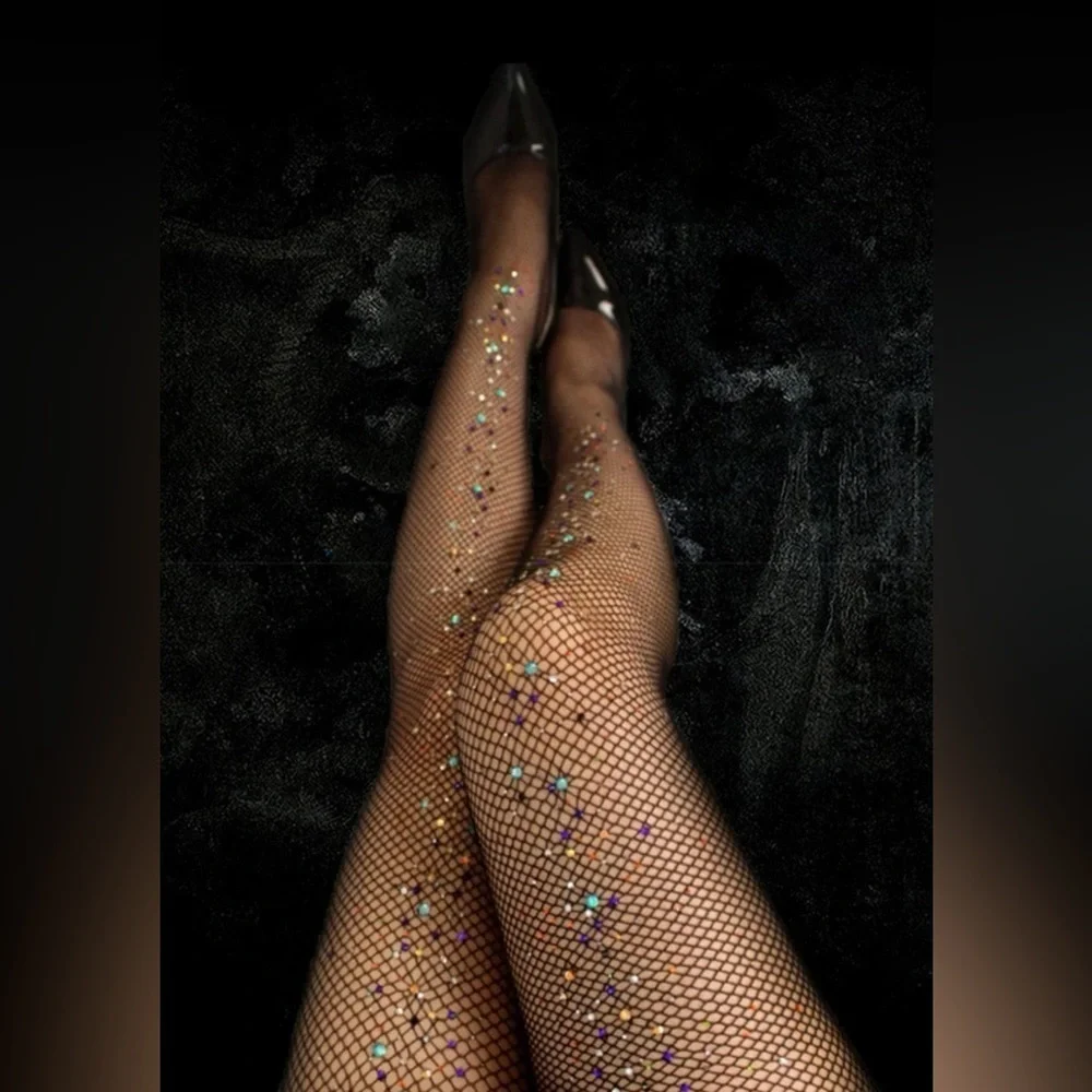 New Women's Rhinestone Black Net Mesh Stretch Transparent Stockings Tights